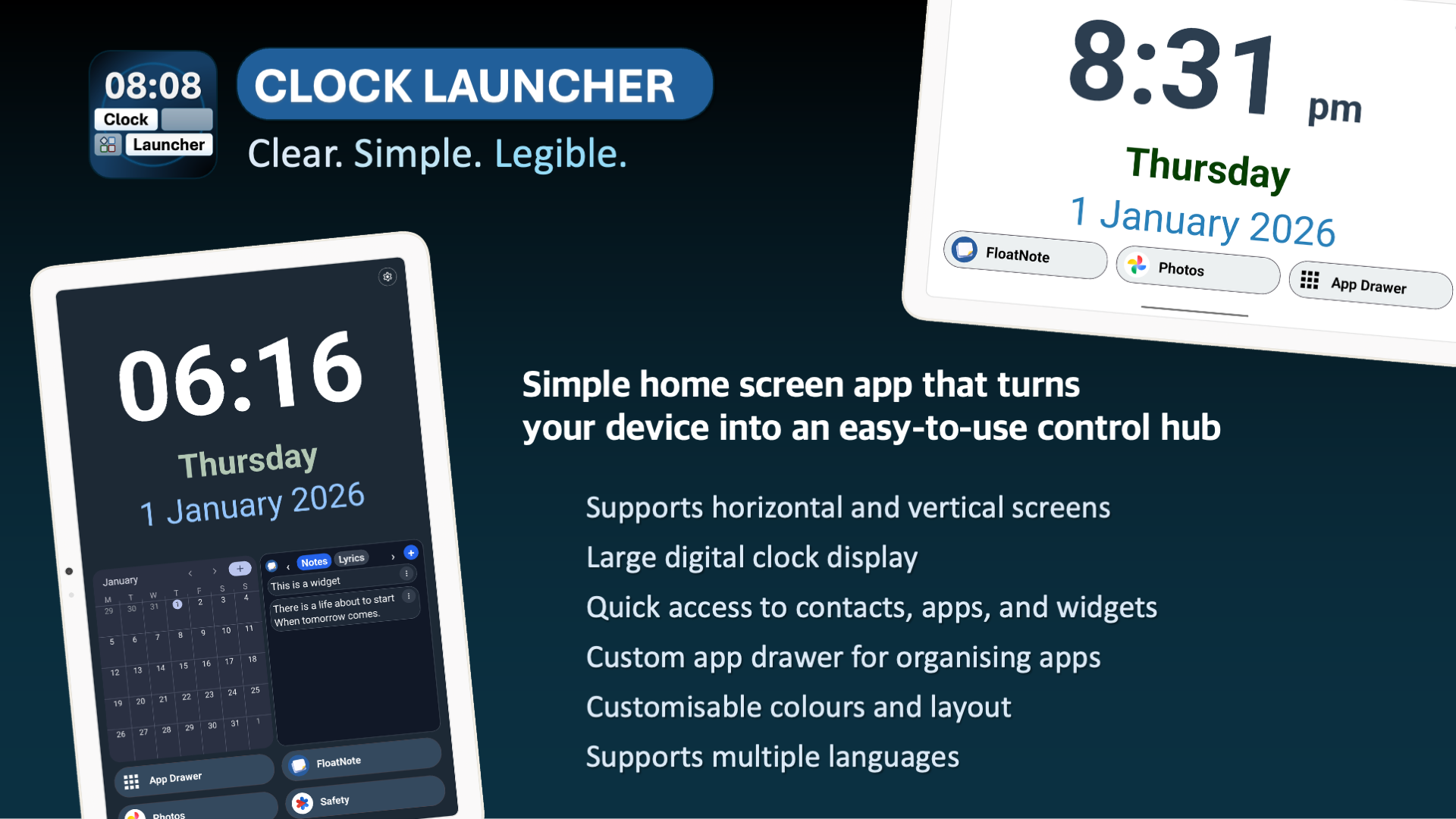 Clock Launcher overview with landscape and portrait screenshots