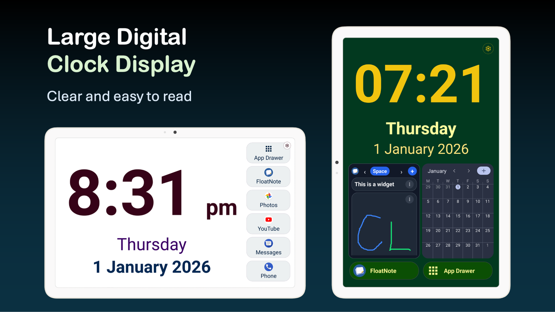 Large digital clock display with high contrast themes